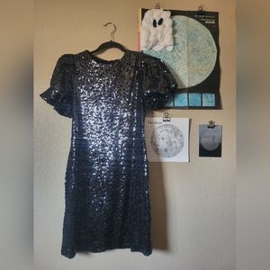 Topshop Black Sequin Puffy Sleeve Dress
